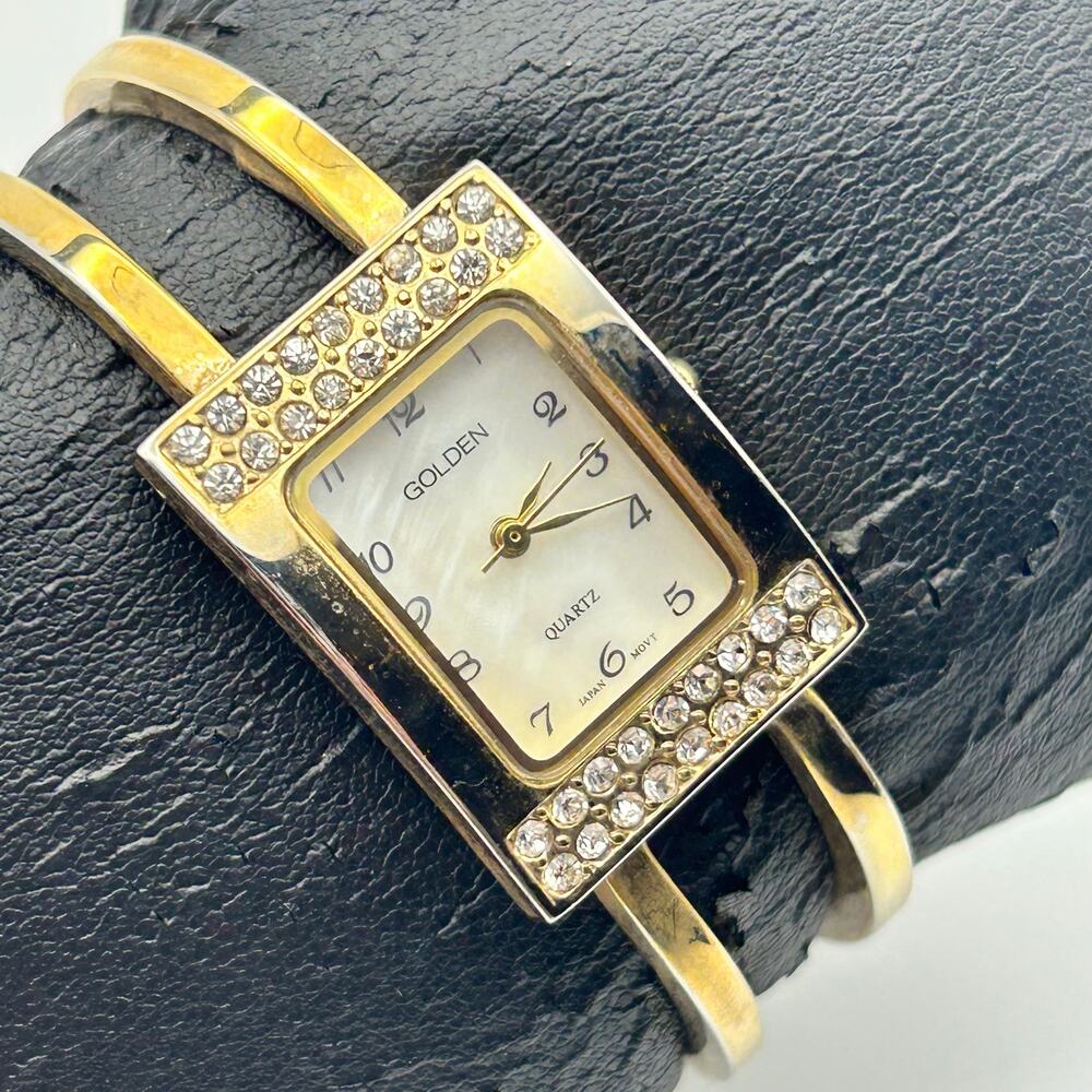 Vintage Golden Gold-tone Mother Pearl Bangle Quartz Watch Working New Battery